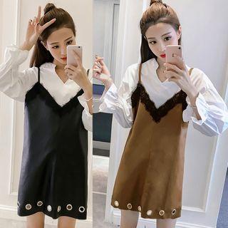 Mock Two Piece Lantern-sleeve Panel Faux Leather Dress