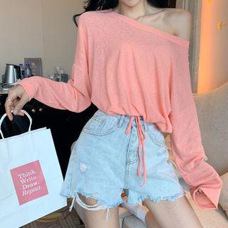 Long-sleeve Skew Neck Drawstring T-shirt
