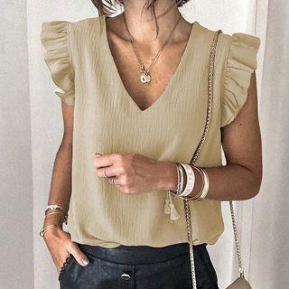 Sleeveless V-neck Ruffle Blouse