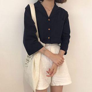 V-neck 3/4-sleeve Blouse Navy Blue - One Size