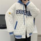 Lettering Embroidered Quilted Detachable-hood Baseball Jacket