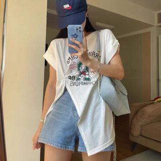 Slit-hem Asymmetrical Print Short-sleeve T-shirt