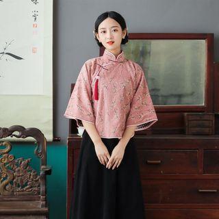 Elbow-sleeve Tasseled Cheongsam Top / Midi A-line Skirt