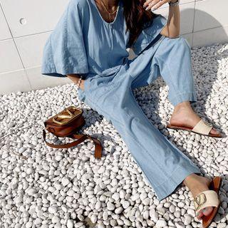 Zipped Baggy Denim Jumpsuit Light Blue - One Size