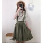 Cherry Print Short-sleeve Blouse / High Waist Suspender Skirt