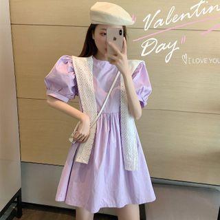 Set: Puff-sleeve Mini A-line Dress + Shawl