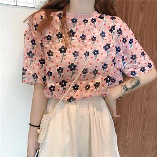Short-sleeve Floral Top Pink - One Size