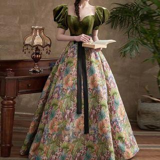 Puff-sleeve Floral Print A-line Evening Gown