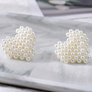 Faux-pearl Heart Stud Earring 1 Pair - Stud Earring - White - One Size