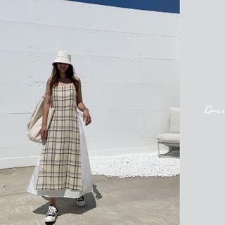Plaid Overlay Long Pinafore Dress Beige - One Size