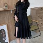 Lace Up Side-slit Long-sleeve A-line Dress