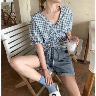 Print V-neck Short-sleeve Cropped Top As Figure - One Size