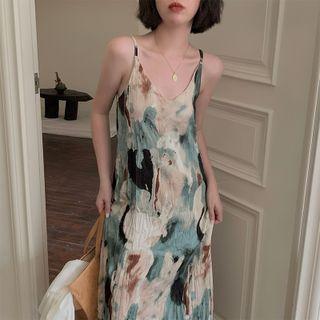 Spaghetti Strap Print Midi A-line Dress Bluish Green & Almond - One Size