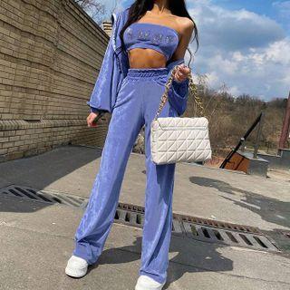 Set: Rhinestone Tube Top + Plain Boot-cut Pants
