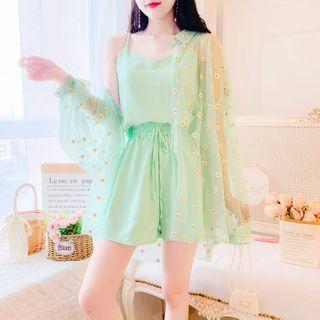 Set: Long-sleeve Embroidered Sheer Shirt + Spaghetti Strap Top + Shorts