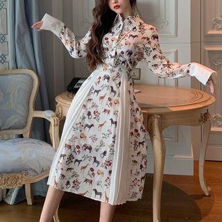 Animal Print Long Sleeve Shirt / Print Panel Pleated A-line Skirt
