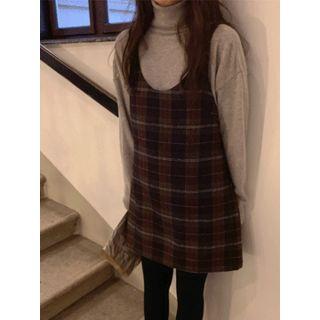 Checked Wool Blend Suspender Minidress