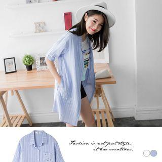 Elbow-sleeve Striped Long Shirt Blue - Xl