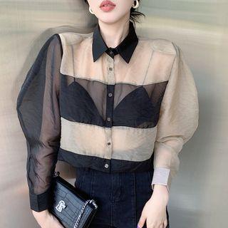 Colorblock Sheer Crop Shirt Khaki - One Size