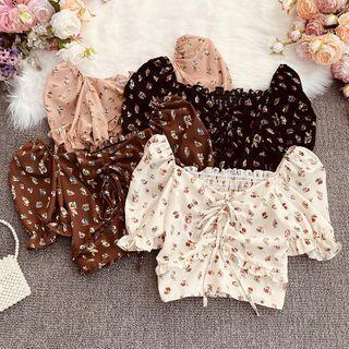 Cropped Floral Puff-sleeve Blouse