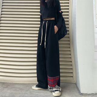 Wide Leg Plaid Panel Cargo Pants