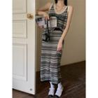 Set: Striped Knit Crop Tank Top + Midi Knit Skirt Black & White - One Size
