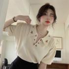 Short-sleeve Floral Collared Knit Top Beige - One Size