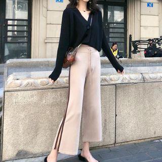 Cropped Cardigan / Contrast Trim Slit Wide-leg Pants
