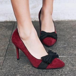 Genuine-leather High-heel Bow-accent Pumps