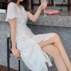Puff-sleeve Lace Trim Ruffled Midi A-line Dress