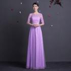 Elbow-sleeve Lace Panel Evening Gown