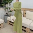 Long-sleeve Drawstring-waist Knit Midi A-line Dress