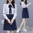 Set Of 2 - Heart Pattern Bow Top + Plain A-line Skirt