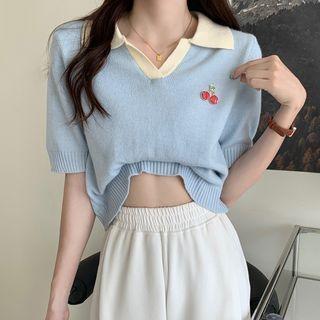 Short-sleeve Collared Knit Top Light Blue - One Size