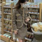 Houndstooth Woolen Blazer / High-waist Houndstooth A-line Skirt
