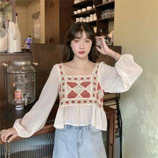 Square-neck Long-sleeve Top As Figure - One Size