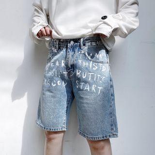 Lettering Denim Straight-cut Shorts