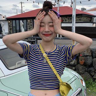 Short-sleeve Striped Tie-back Cropped T-shirt Yellow Stripe - Blue - One Size