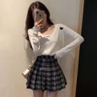 Set: Striped Knit Camisole Top + Cardigan + Pleated Plaid Mini A-line Skirt