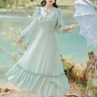 Long-sleeve Lace Trim Ruffle Maxi A-line Dress