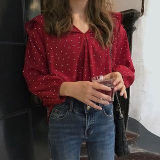 Polka Dot V-neck Puff-sleeve Blouse