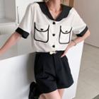 Contrast Collar Blouse / Wide-leg Shorts With Belt