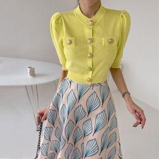 Puff-sleeve Golden-button Cardigan