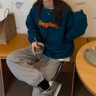 Long-sleeve Lettering Sweatshirt / High-waist Striped Sweatpants
