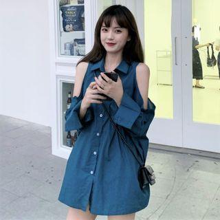 Cold-shoulder Shirt Peacock Blue - One Size