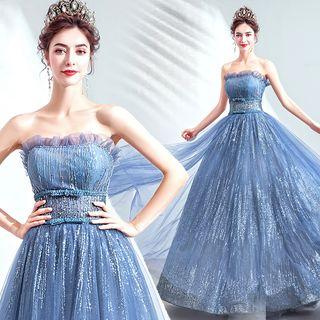 Sequined Strapless Ruffled A-line Evening Gown