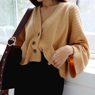 V-neck Wide-sleeve Buttoned Cardigan