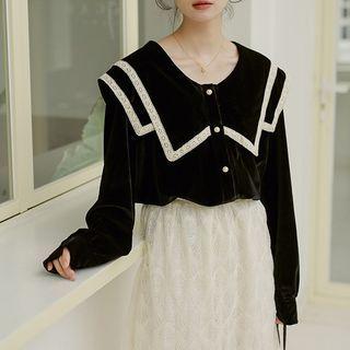 Lace Trim Collared Blouse / Midi A-line Lace Skirt