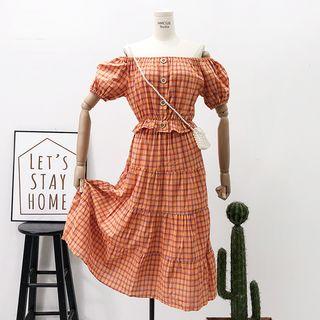 Set: Boatneck Checked Crop Blouse + Midi Skirt