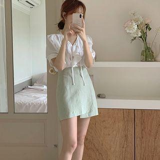Short-sleeve Ruffle Blouse / Mini A-line Skirt